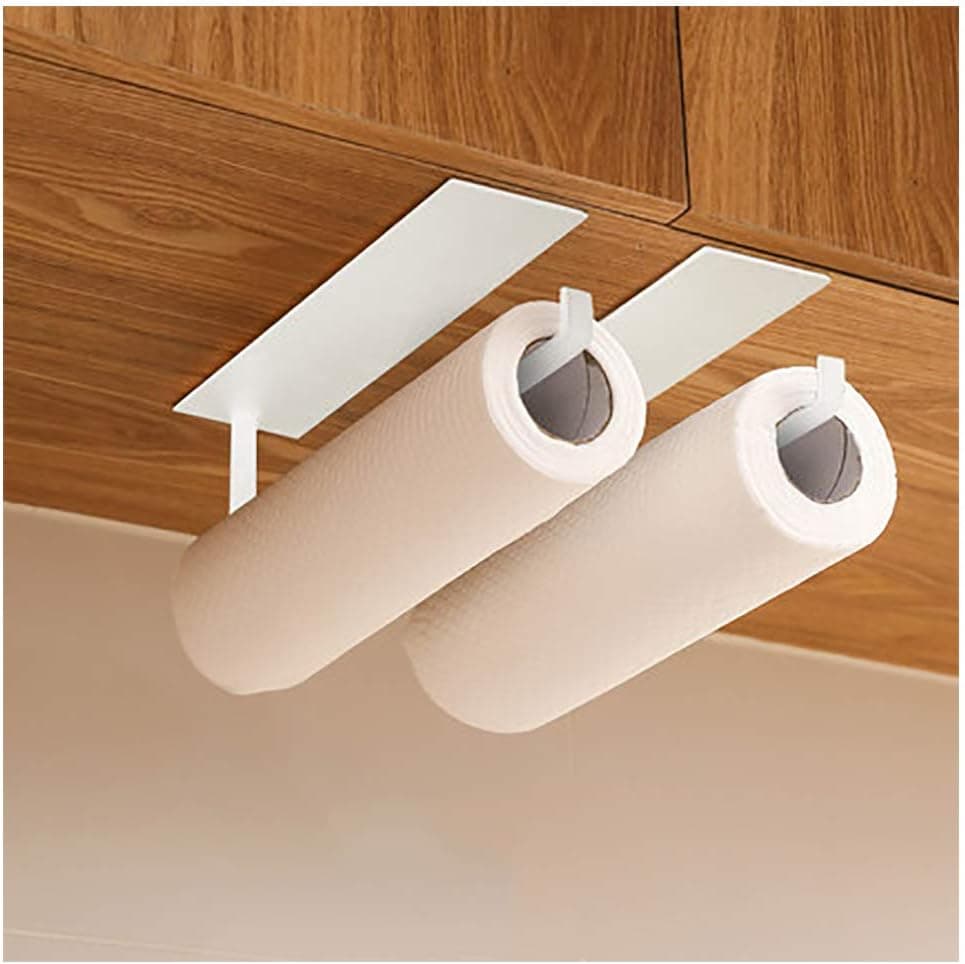 Kitchen Towel Holders Stylish Cling Film Wrap Paper Napkin Toilet Roll Rails Rack Self Adhesive Wall Mounted Storage Rack Bathroom Stainless Steel No Drilling Bathroom Decor(2pcs) (White)
