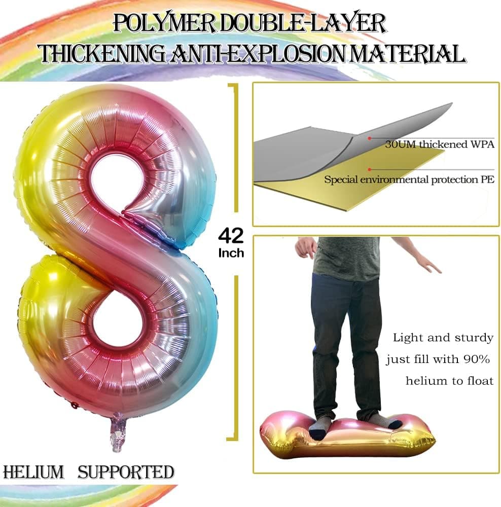 GOER 2 Pcs 42 Inch Rainbow Foil Balloons Number 8,Huge Number Balloons for 8th 88th Birthday Party Supplies Anniversary Decorations