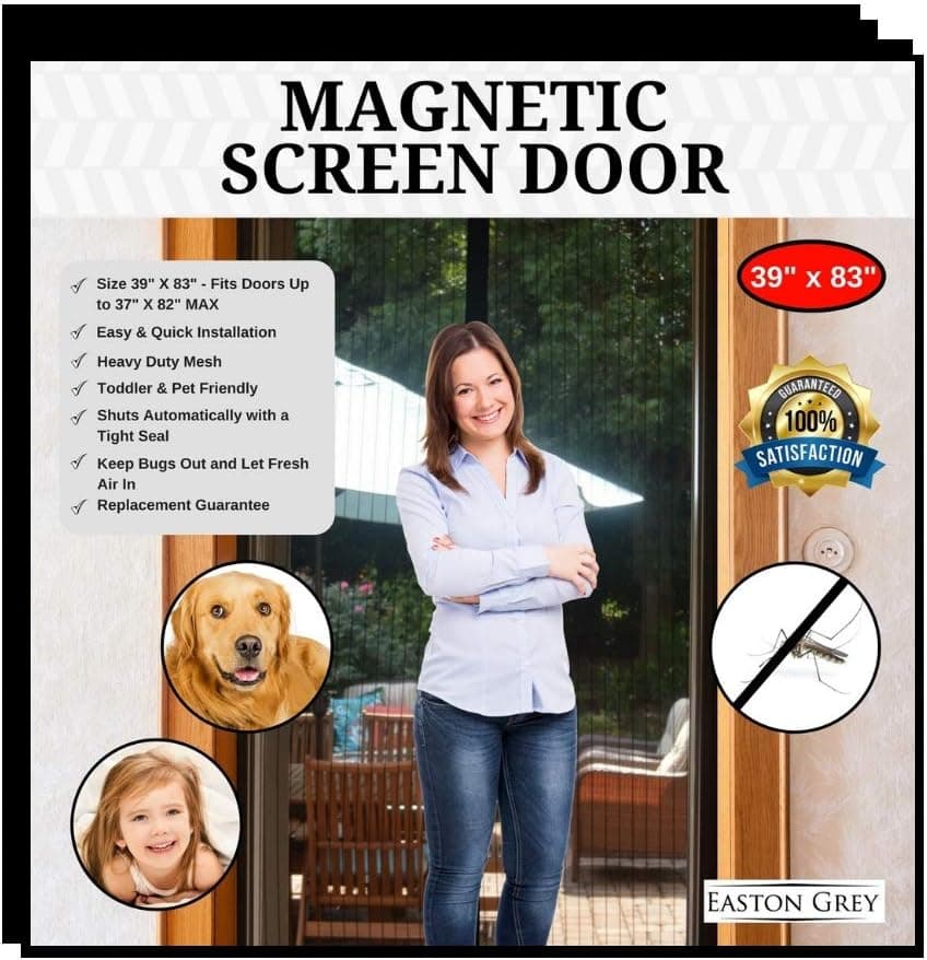 Easton Grey Magnetic Screen Door Bug Screens: Door Screen with Strong Magnets, Reinforced Heavy Duty Mesh Curtains - Keeps Out Insects - Kid & Pet Friendly - Fits Doors Up to 37" x 82" - Black