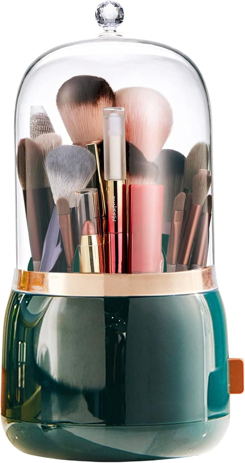 DEEIF Makeup Brush Holder Organizer Smooth Rotating Dustproof Makeup Brush Holder with Lid Cosmetic Brushes Holder for Vanity (Dark Green)