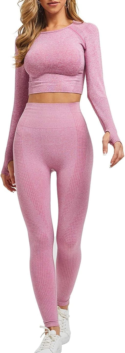 FLYCHEN Women Workout Sets 2 Pieces Long Sleeve Outfits Yoga Gym Clothes Crop Top High Waist Leggings