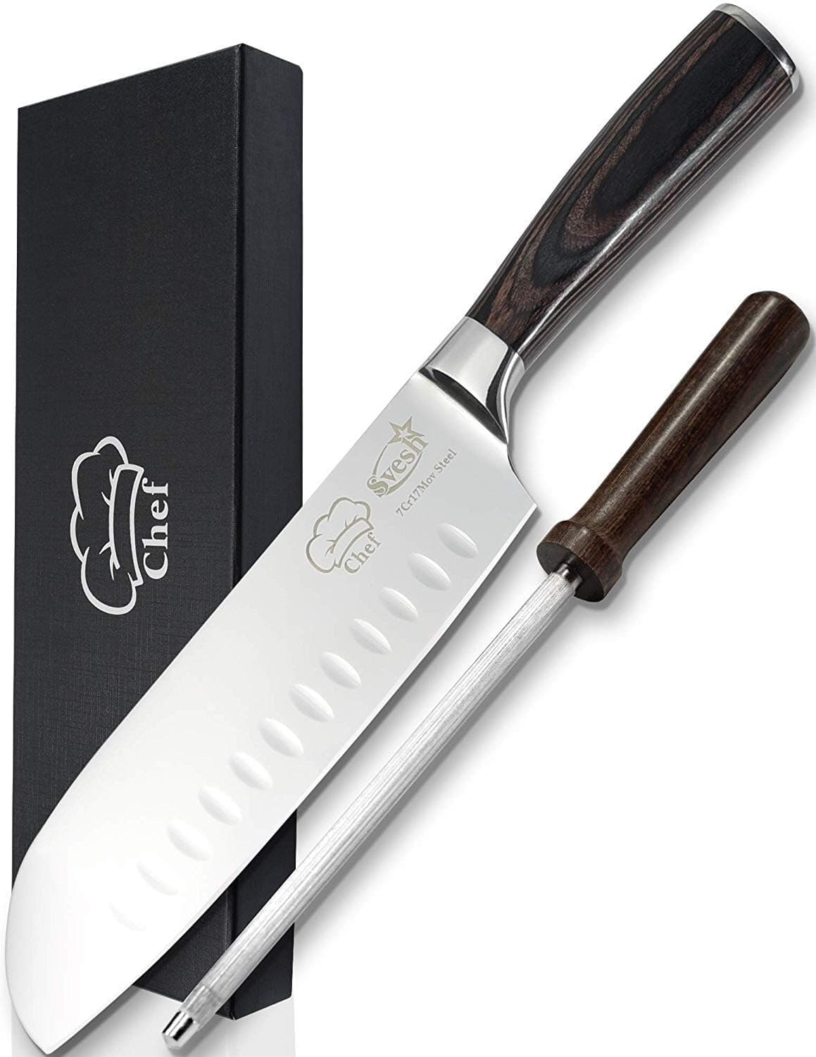 Chef Knife Santoku 7 inch - Utility Knife Rod Sharpener - Gift Box Set - High Carbon Stainless Steel - Japanese Kitchen Knife Professional Cooking by Svesh.