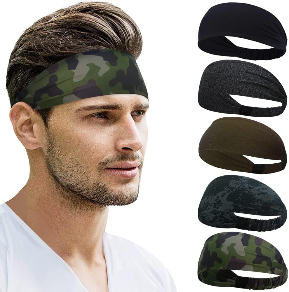 Beister Sports Headbands for Men Women (5 Pack), Moisture Wicking Sweat Band Elastic Wide Hair Bands, Workout Sweatband Athletic Mens Headband for Running, Cycling, Basketball, Gym Exercise, Football