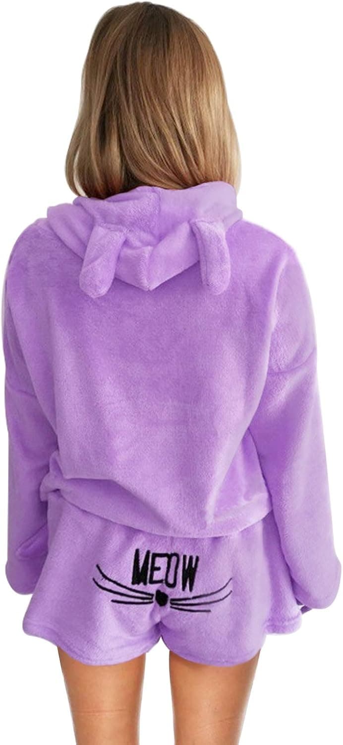 Oriental eLife Cute Fleece Pajamas Hoodie Pullover Meow Embroidered Shorts PJ Set Sleepwear Roomwear for Women