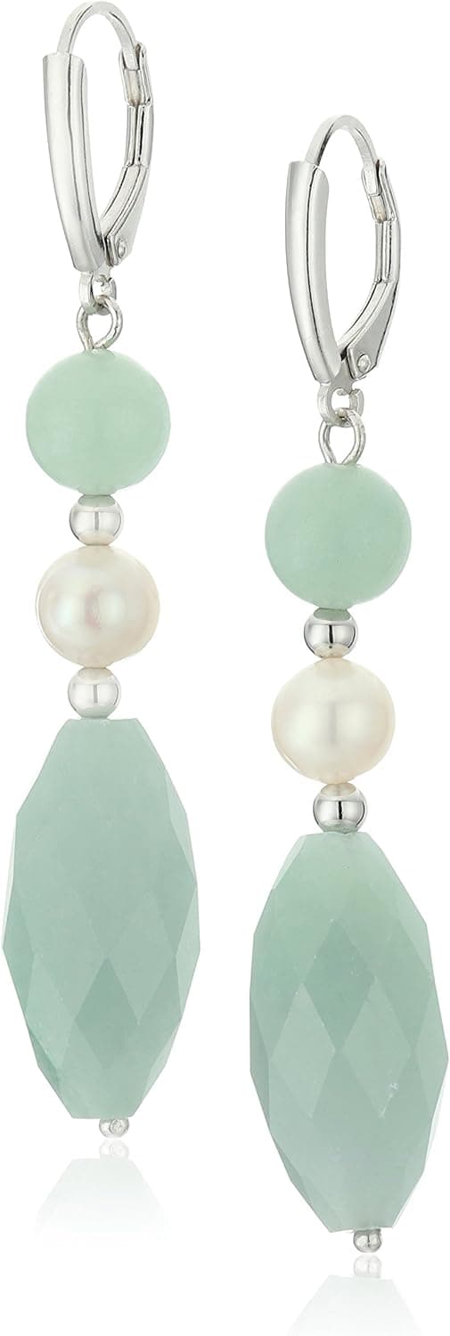 Amazon Collection Rhodium Plated Sterling Silver Green Jade and Freshwater Cultured Pearl Bead Dangle Earrings