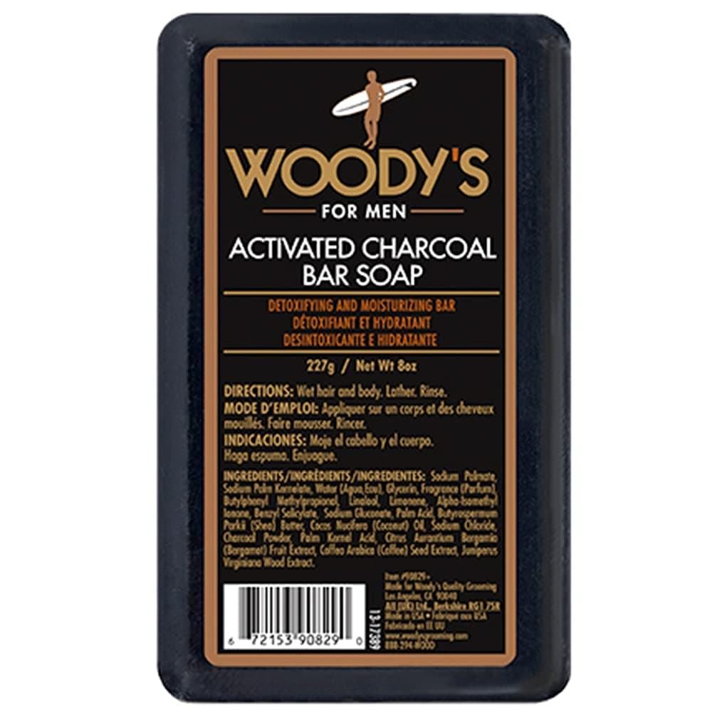 Woody's Activated Charcoal Bar Soap for Men, with Coconut Oil, Bergamot and Coffee, Detoxifying, Deep Cleansing, Exfoliating, For Face and Body, Suitable for All Skin Types, 8 oz, 1-Pack