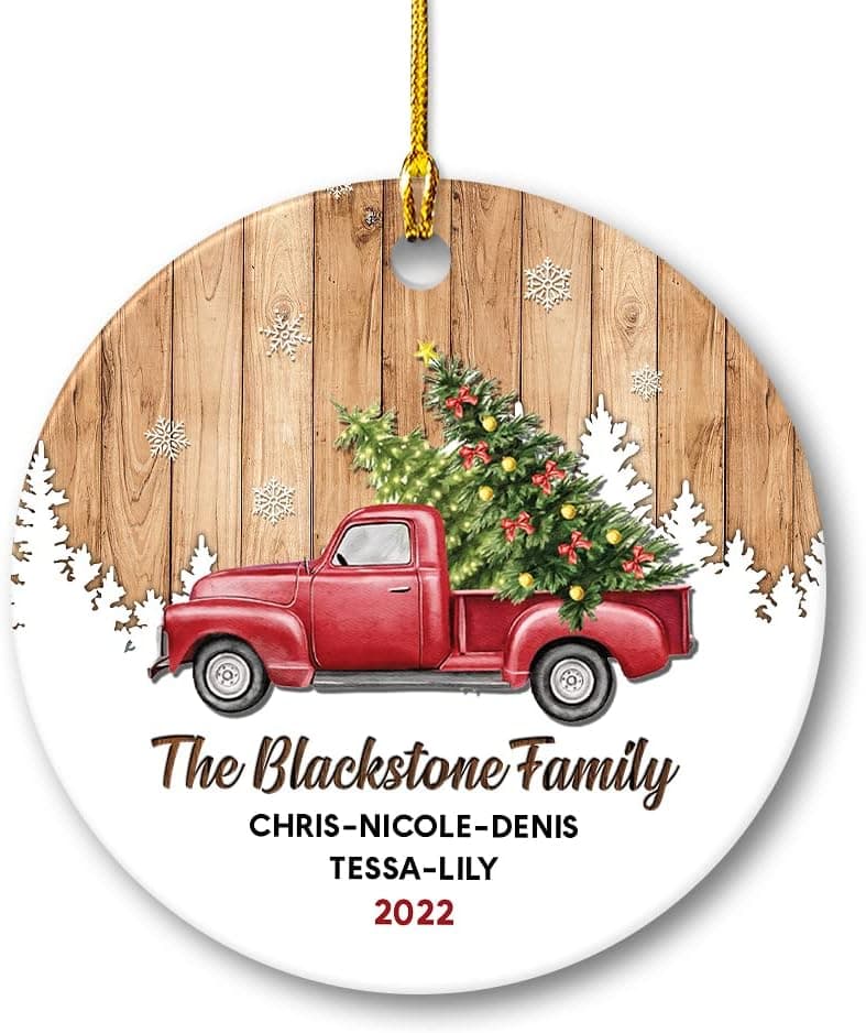 SANDJEST Personalized Christmas Family Christmas Ornament Red Truck Ceramic Ornaments 2022 for New Parent Family Name Ornament Circle Ornaments