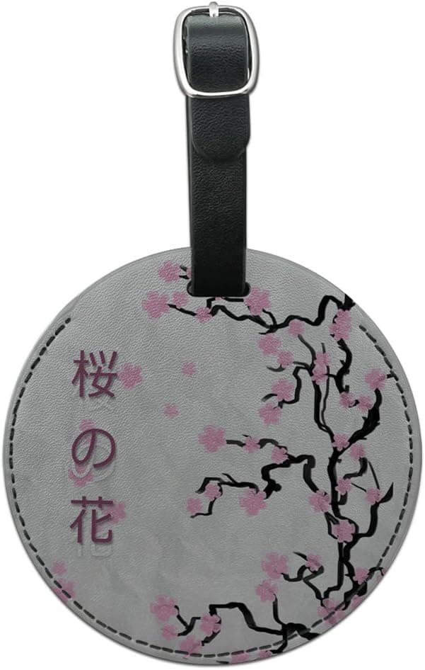 Graphics & More Cherry Blossom Tree Pink Japanese Round Leather Luggage Id Tag Suitcase Carry-on, Black