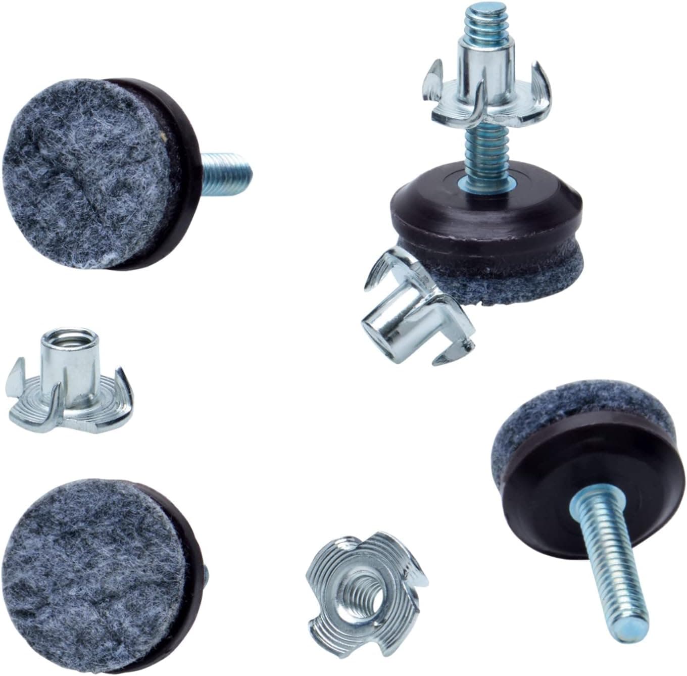 Medium Duty Felt Furniture Levelers - 1/4" Threaded Shank w/T-Nuts - Brown Plastic w/Grey High Density Felt - 400 Lb. Total Capacity - Adjusts from 0" to 3/4" - Set of 12