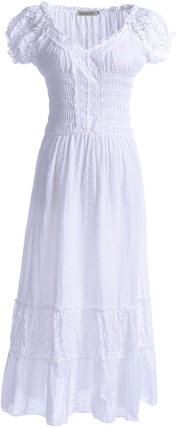 Anna-Kaci Renaissance Peasant Maiden Boho Inspired Cap Sleeve Lace Trim Dress