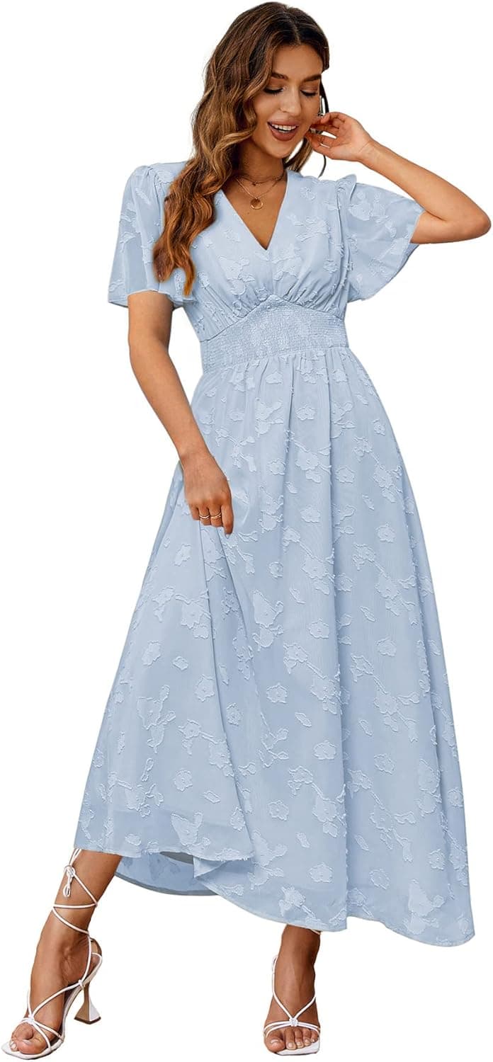 Simplee Women's Boho Floral V Neck Long Sleeve Formal Maxi Ruffle Dress Long Flowy Bridesmaid Wedding Party Evening Dress