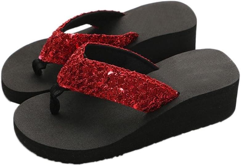 Hemlock Sequins Slipper Flip Flops, Women Bohemia Floral Beach Slippers Thongs Slippers Anti Slip Flip-Flops (US:5.5, Red)