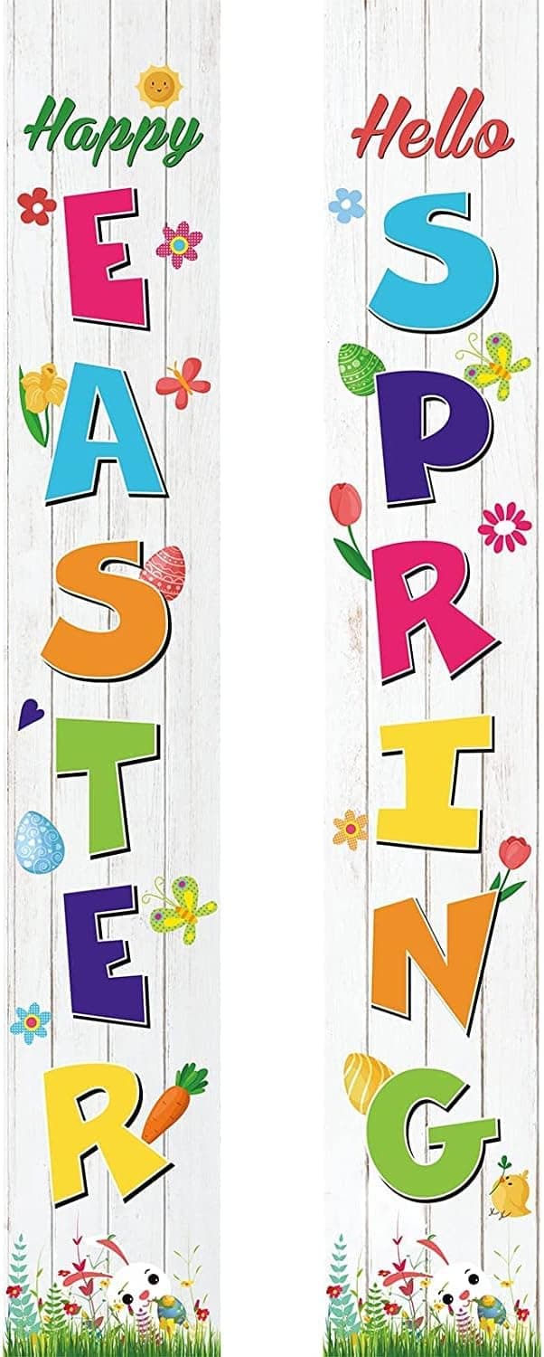GUFEEL Large happy easter proch sign decorations，Hello spring banner, easter colorful banner decoration, easter party decoration, easter