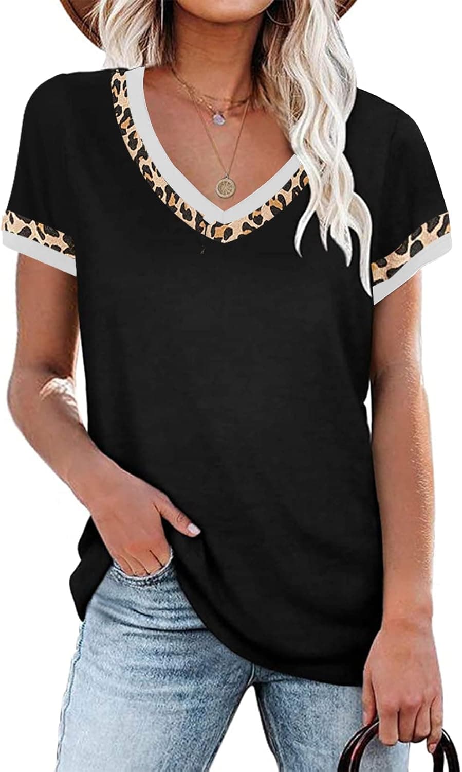 Fallorchid Women's V Neck T-Shirts Leopard Print Color Block Casual Short Sleeve Summer Tops