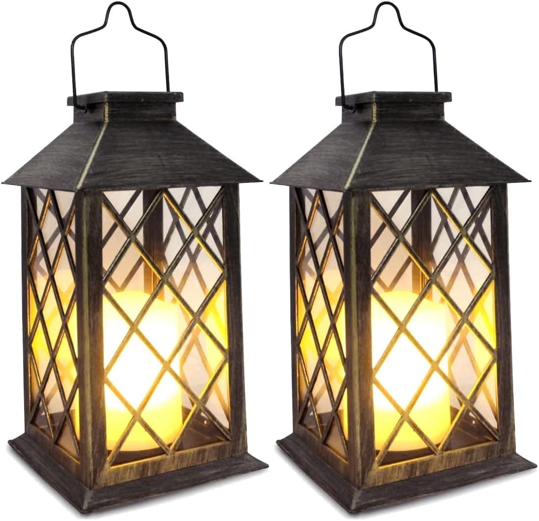 SHYMERY Solar Lantern,Outdoor Garden Hanging Lanterns,Set of 2,14 Inch Waterproof LED Flickering Flameless Candle Mission Lights for Table,Outdoor,Party Decorative
