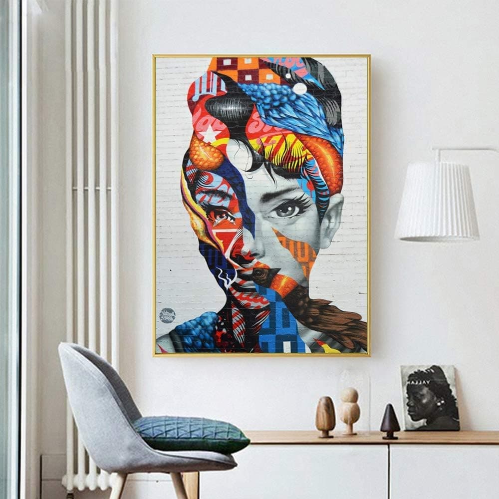 Pixz-zazz Large Audrey Hepburn Style African American Wall Art - Pop Art Graffiti Design - Audrey Hepburn for Wall Decor - Movie Decor - Wall Art Framed on Cotton Canvas and Ready to Hang for Living Room Dining Room Bedroom Bathroom Office (20 x 28 inches)