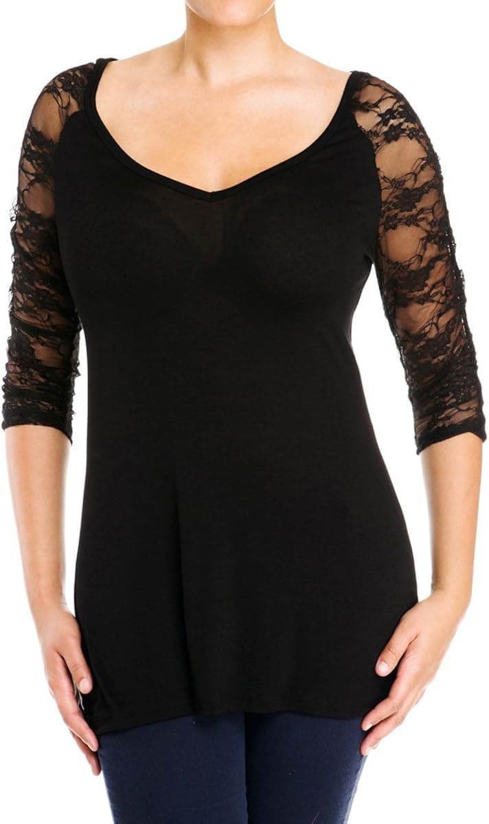 eVogues Plus Size Sexy Lace Accented Black Tunic Top