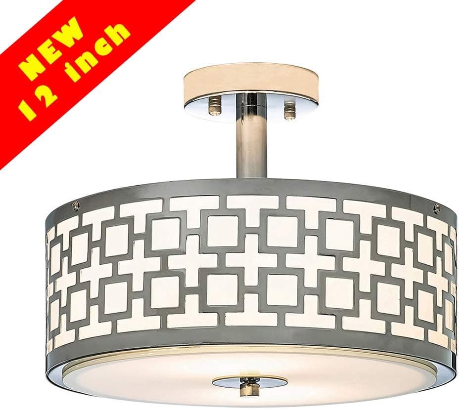Popity home 12 inch 2-Lights Modern Chrome Finish Semi Flush Mount Ceiling Light, Drum Ceiling Light Fixture with Tempered Glass Acrylic for Bedroom Living Room Entry