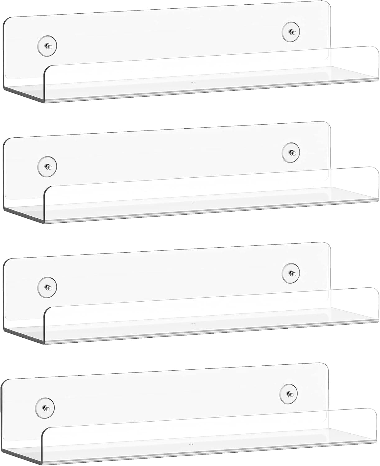 SMARTAKE 4-Pack Plastic Wall Shelves, Clear Wall Mounted Floating Storage Rack, Invisible Wall Ledge Bookshelf, Picture Display Shelves, for Kitchen, Shower, Nursery, Room, Office, 15" L x 4.3" D