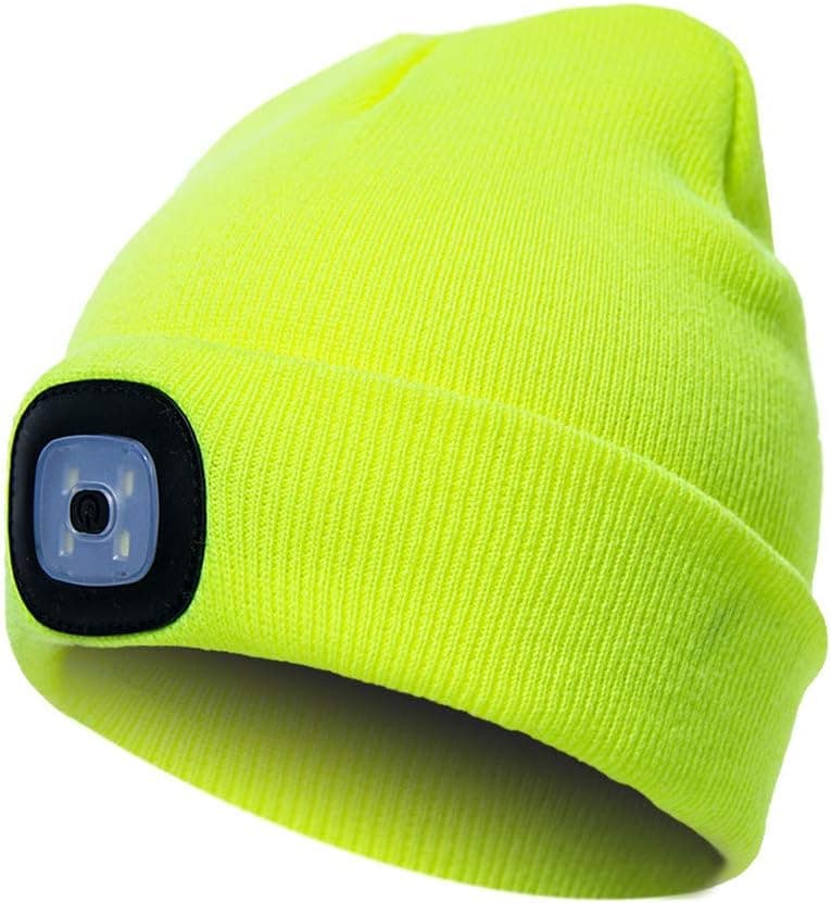 OMOUP Rechargeable LED Beanie Hat with Light, Hands Free Lighted Headlamp Hats, Winter Unisex Knit Headlight Cap Gift for Men and Women (Yellow)