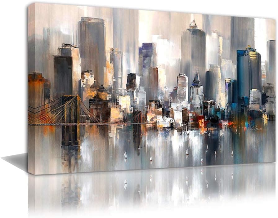 Abstract Cityscape Picture Brown Decor Wall Art Canvas Framed Print City Landscape Paintings for Office Living Room Gray Walls Decoration Size 24x36 inch