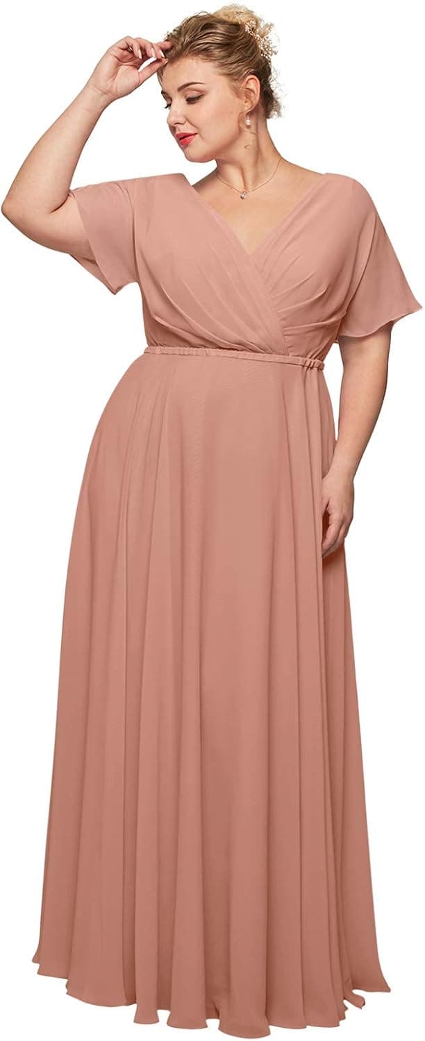 ALICEPUB Wrap V-Neck Chiffon Bridesmaid Dresses Long Maxi Formal Dress for Women Party Evening Short Sleeves
