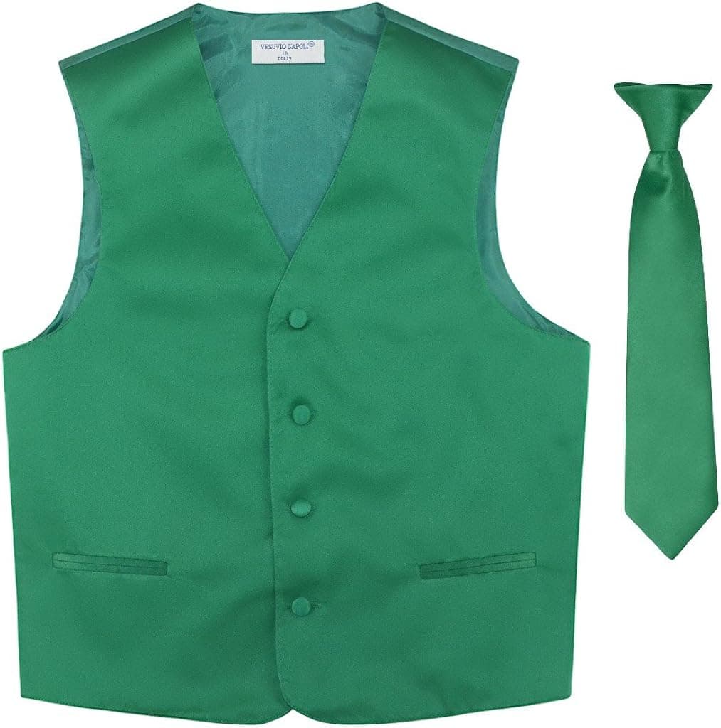 BOY'S Dress Vest & NeckTie Solid EMERALD GREEN Color Neck Tie Set