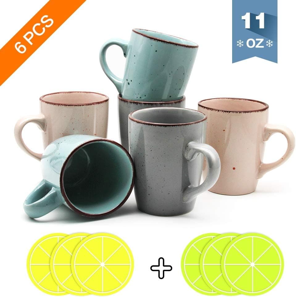 Taocci Porcelain Coffee Mugs Set - 11 Ounce Restaurant Home Office Coffee Cups Set Of 6 With Coasters For Coffee & Tea For Party Gift Idea to Family, Friends,Customers, Etc.(Colorful Series)