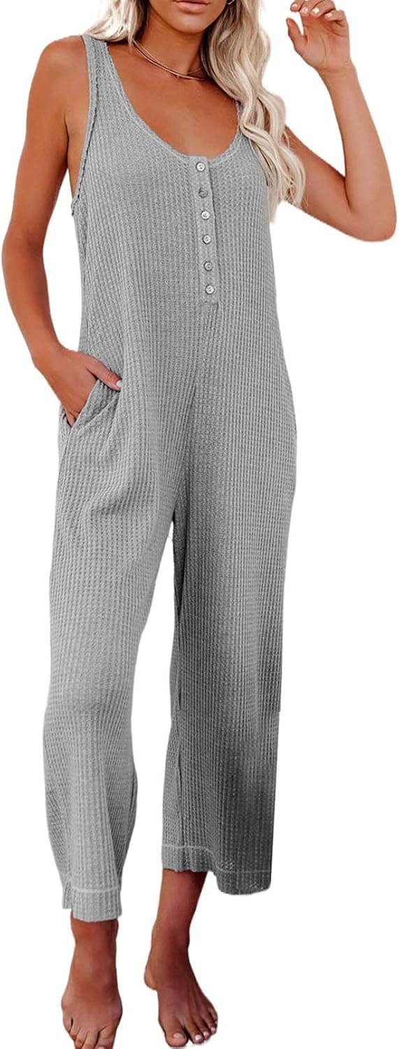 ROSKIKI Womens Solid Casual Loose Sleeveless Button Down Cropped Jumpsuit Pants with Pocket