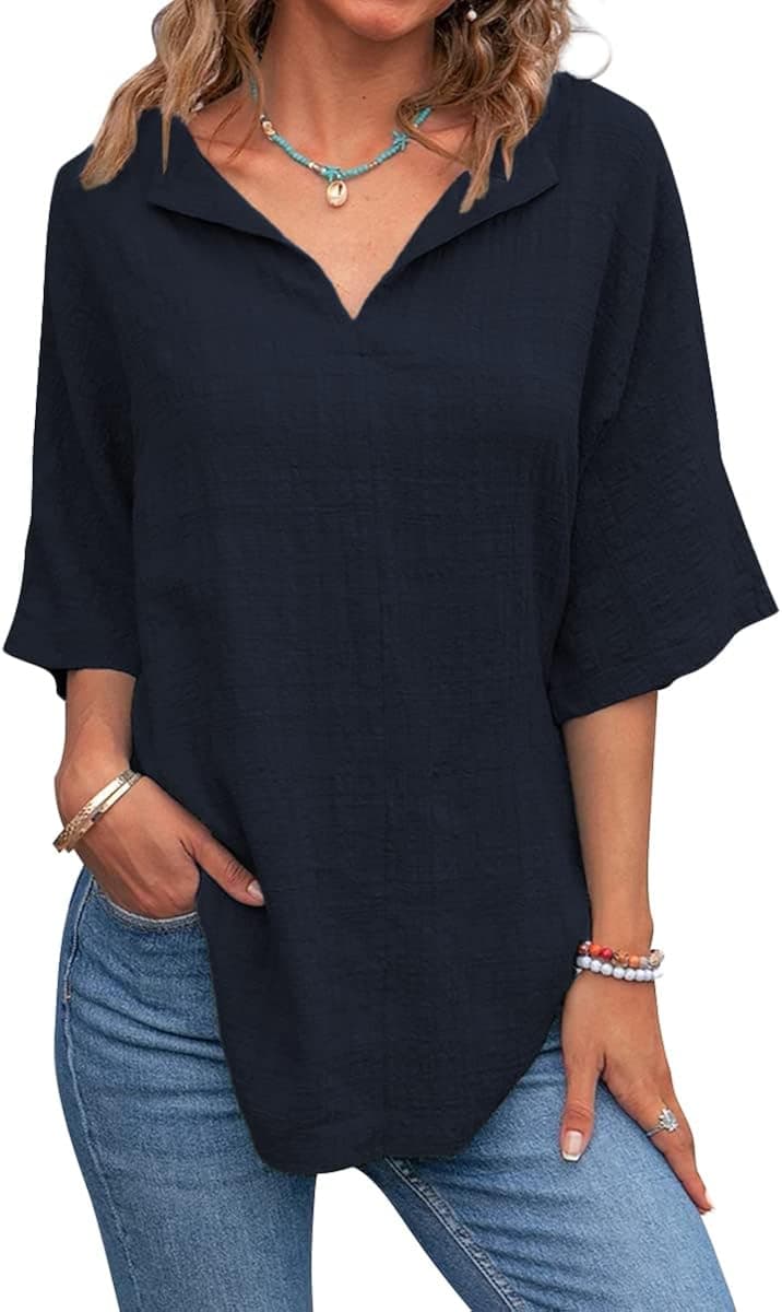 Lueluoye Womens V Neck Linen Shirts Short Sleeve Natural Cotton Blouse Summer Loose Fit Casual Tunic Tops