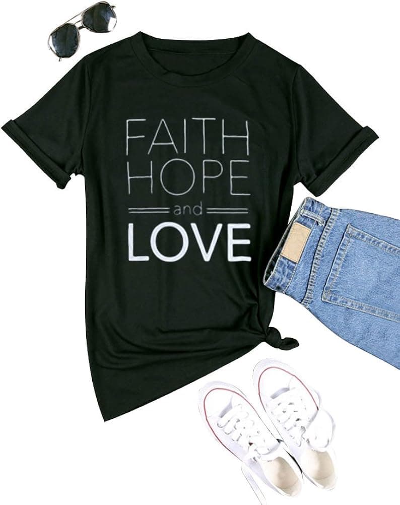 Nlife Women Faith Hope and Love Letter Print Solid Color Round Neck Short Sleeve T-Shirt