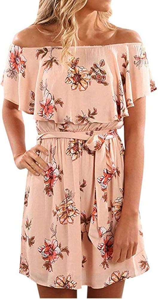 POGTMM Women's Casual Off Shouler Ruffles Floral Short Dress Pleated Party Mini Dress with Belt