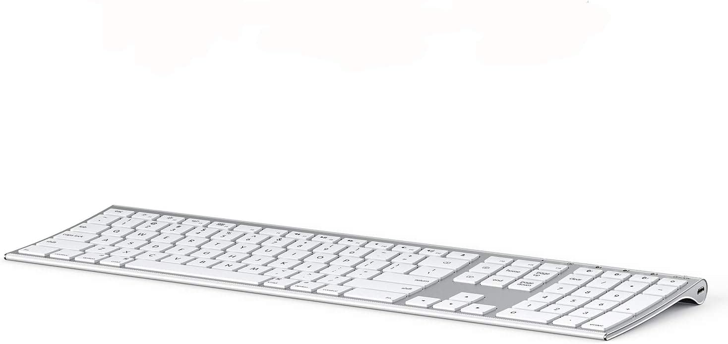 Bluetooth Keyboard for Mac OS/iOS/iPad OS, Wireless Multi-Device Full-Sized Keyboard Rechargeable Ultra Slim Design for MacBook Pro/Air, iMac, iPhone, iPad Pro/Air/Mini, New iPad (White and Silver)