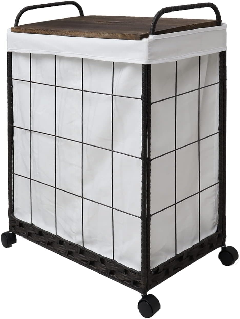 Crehomfy Laundry Hamper with Wood Lid and Wheels, 2 Section Divided Clothes Hamper with Handle and Removable Bag, Handwoven Rattan Dark Light Laundry Basket, Farmhouse Wicker Hamper Brown 110L