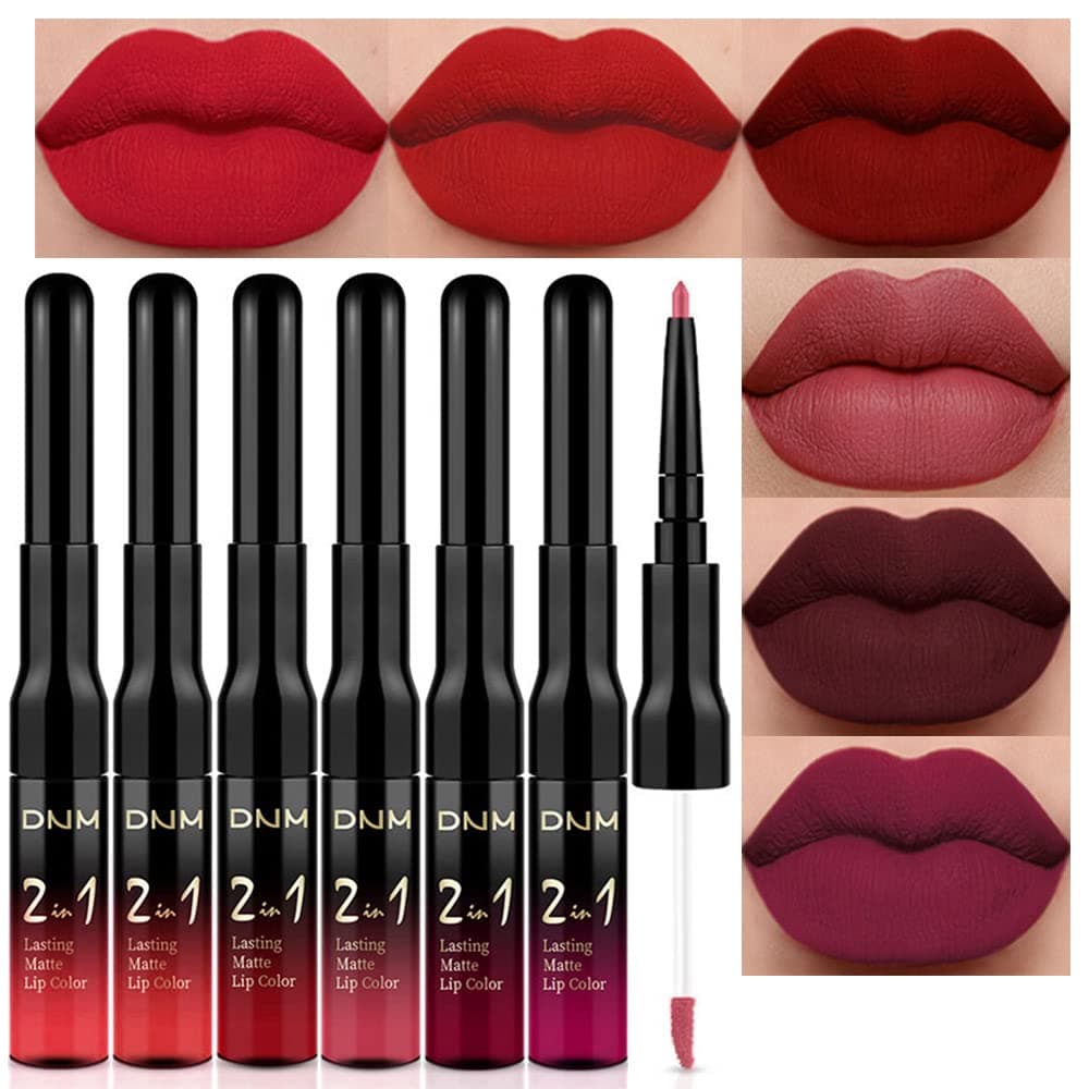 evpct 6Pcs Dark Red Matte Lip Liner Pencil and Liquid Lipstick Makeup Set for Women labiales mate 24 horas originales matte larga duracion long lasting 24 DNM Permanent Lipstick 24 Hour with Lip Liner