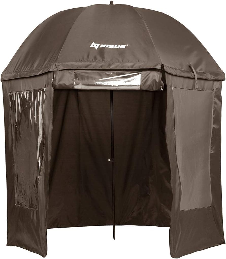 NISUS Umbrella with Wind and Rain Shelter, 94.4 Inch Diameter Umbrella with Zipped Up Tent Around with Windows for Fishing, Lake, River, Folding Compact Umbrella with Tilt, Carrying Bag, Steel Pole