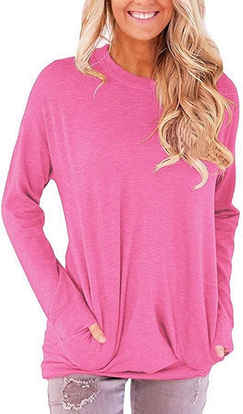Rvshilfy Women Casual Long Sleeve Sweatshirt Solid Color Loose Blouses Tops with Pocket