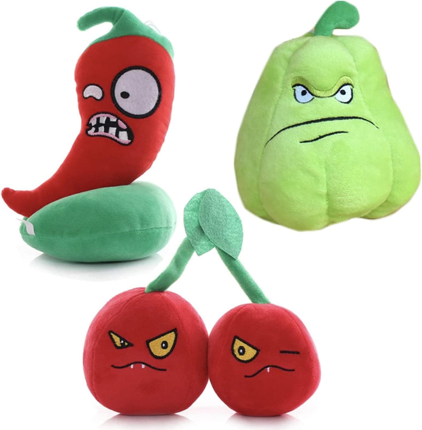 3 PCS PVZ Plush Plants Sets Toys Chili, Double Cherry, Wogua Plant Figure Doll, Great Gift for Christmas, Birthday New