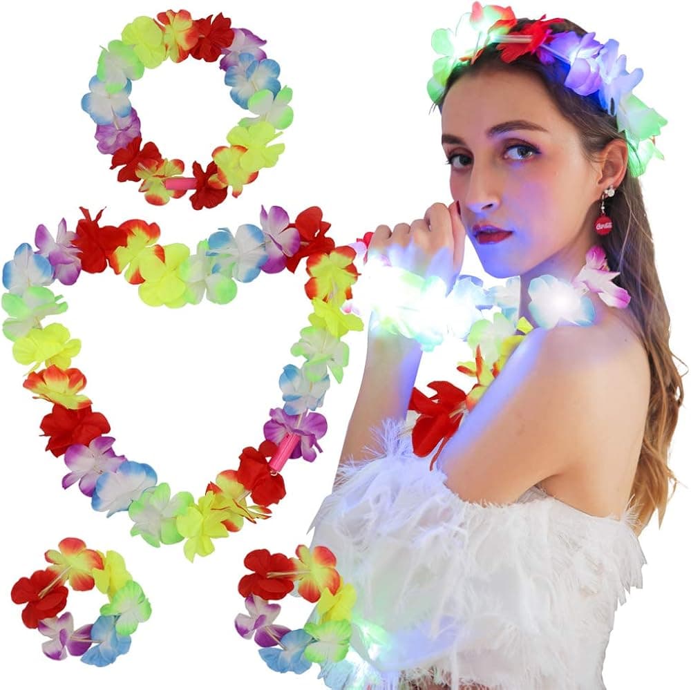 Fortuning's JDS LED Hawaiian Leis Headband and Wristband, Halloween Costumes, Light Up Decor