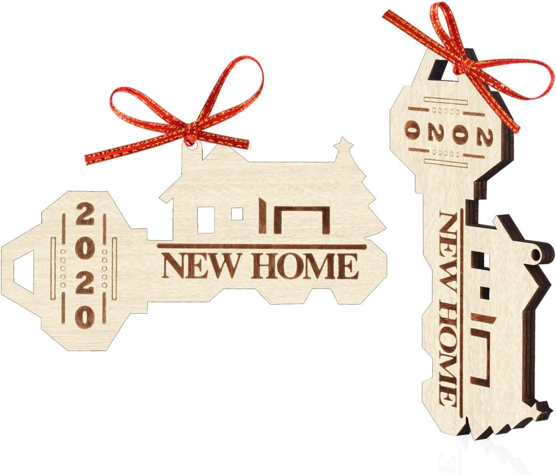 2020 New Home Key Christmas Tree Ornament Thick Wooden Housewarming Xmas Tree Hanging Decoration 2 Pack