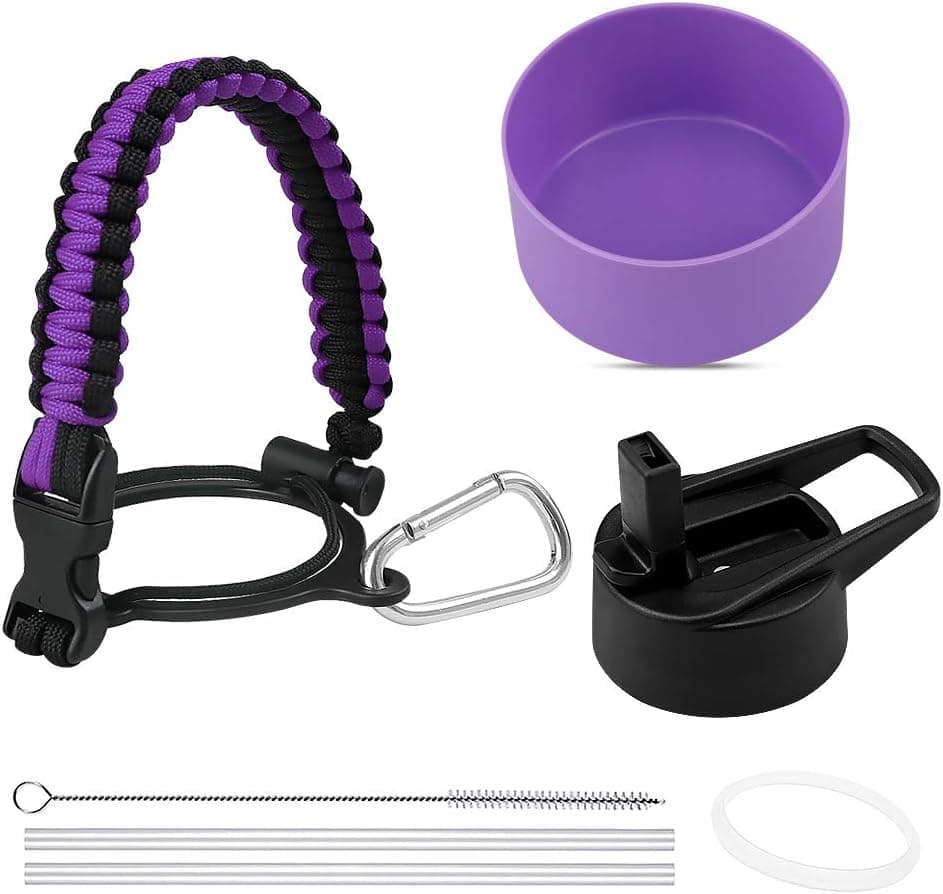 Arcoolor Paracord Handle Straw Lid for Hydro Flask Wide Mouth Bottleswith Safety Ring and Carabiner, Protective Silicone Boot,Straws, Brush and Replacement Gasket Fit 32oz, 40oz