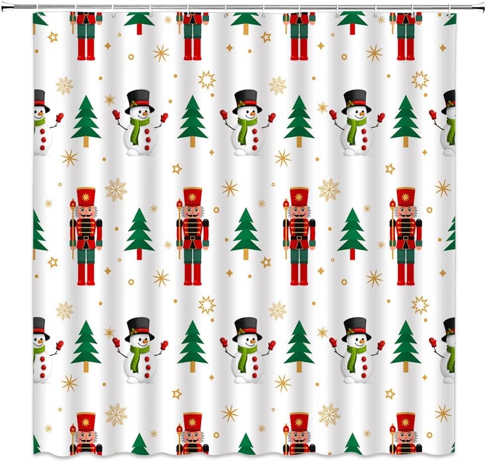 ZKJSMGS Merry Christmas Shower Curtain Xmas Nutcracker Snowman Tree Snowflake Star Winter Holiday Festival Cartoon Fabric Bathroom Sets with Hooks,Green Red White