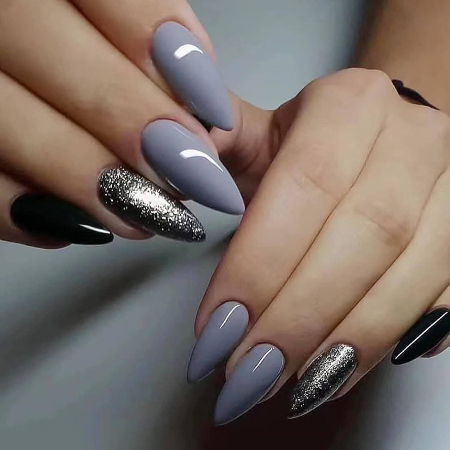 MERVF Press on Nails Medium Almond Fake Nails Stiletto Acrylic Nails with Glitter Design 24pcs Glossy Grey and Black Glue on Nails for Women