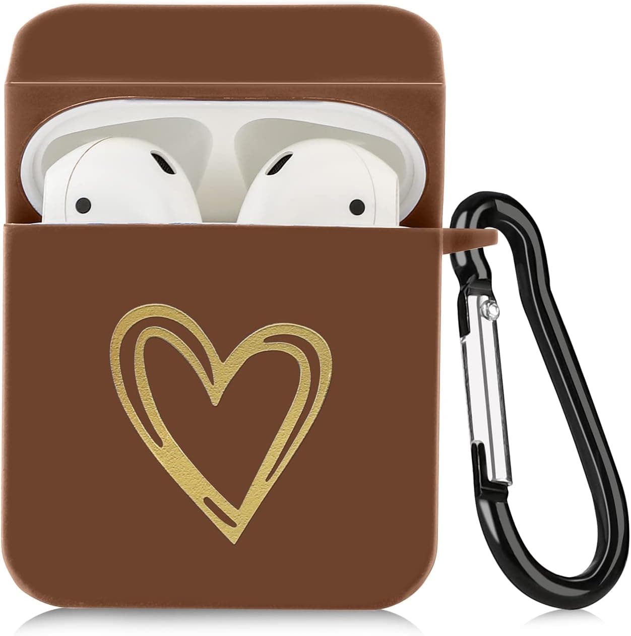 DaBuBu for AirPods 1&2 Case, Cute Love Heart Pattern Design for Girls Women, Silicone Shockproof Protective Charging Cover with Keychain, for AirPods 1&2, Brown
