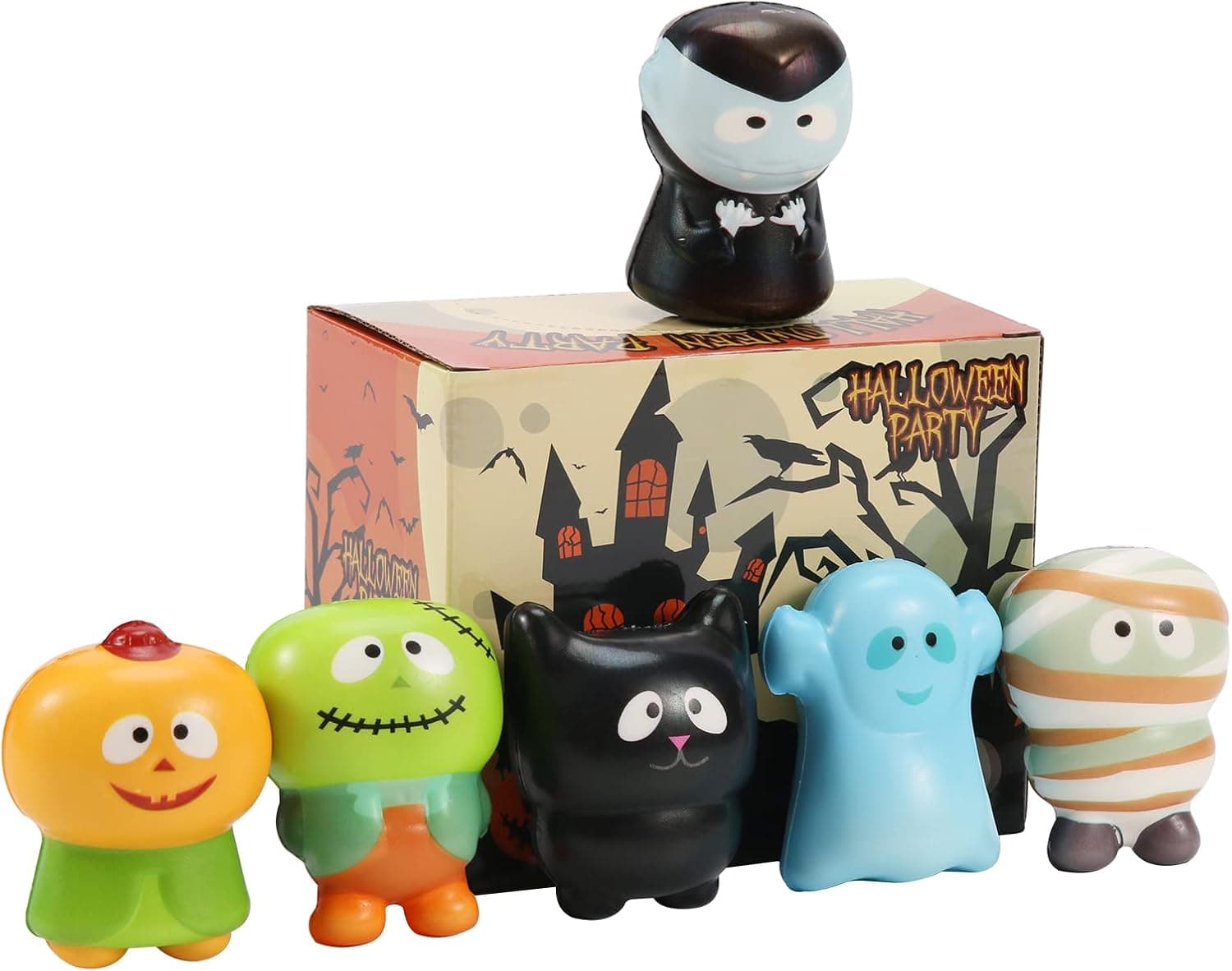 New Cute Halloween Slow Rising Soft Squishies Halloween Squishy Toy Set 6 Pack,Gifts for Kids Halloween Party Favors: Pumpkin, Zombie, Black Cat, Mummy, Vampire Halloween Treat Bag Classroom Prizes