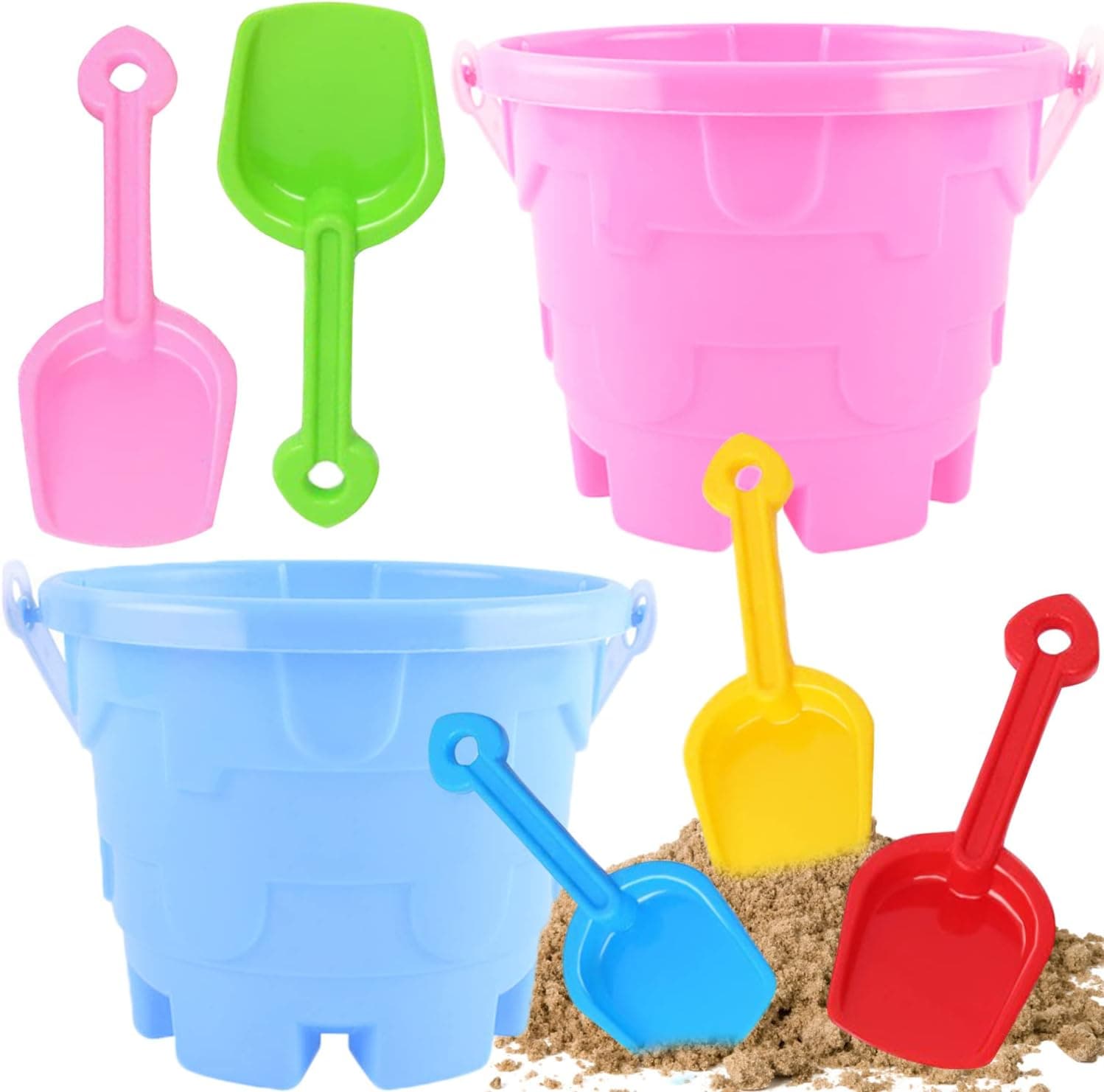 Qiuttnqn 7 Pcs Beach Sand Buckets and Shovels Set for Kids,Including 2 PCS Sand Buckets and 5 Colors Sand Shovels,Beach Sand Toys for Toddlers Kids Outdoor Play
