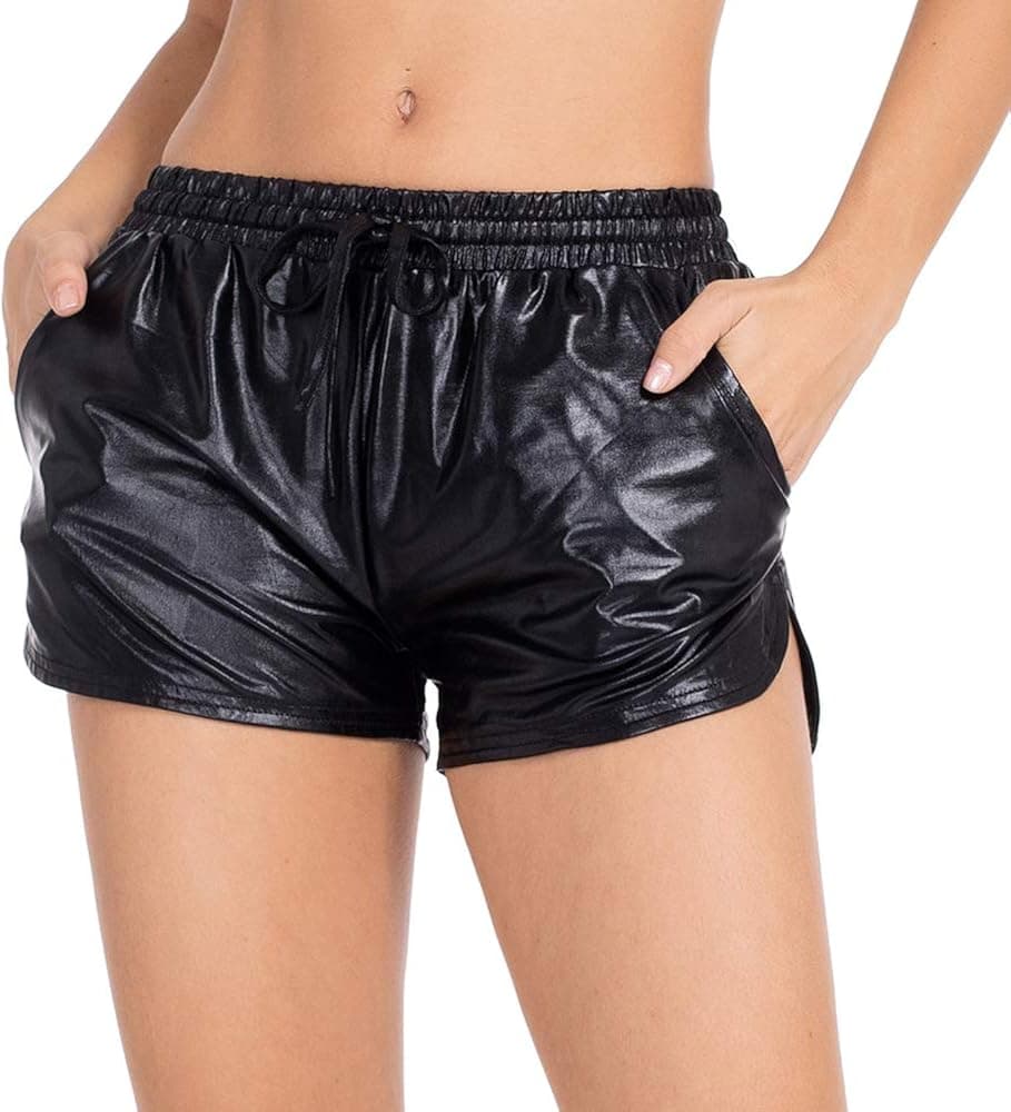 ZEALOTPOWER Metallic Shorts Women Sliver Shiny with Pockets Elastic Waist