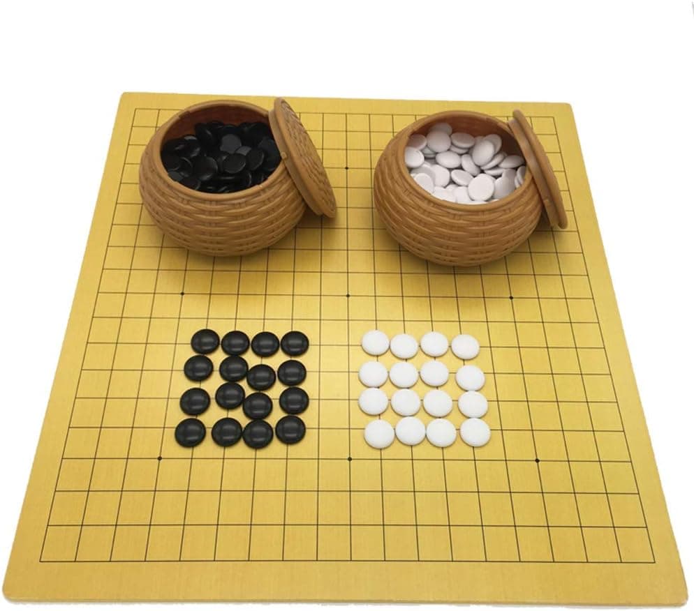 GoodPlay Go Chess Game Set Leather Chessboard with Plastic Stones in Imitation Straw Cans Travel Games for Go Chess Players (18.9 x 19.3 Inches)