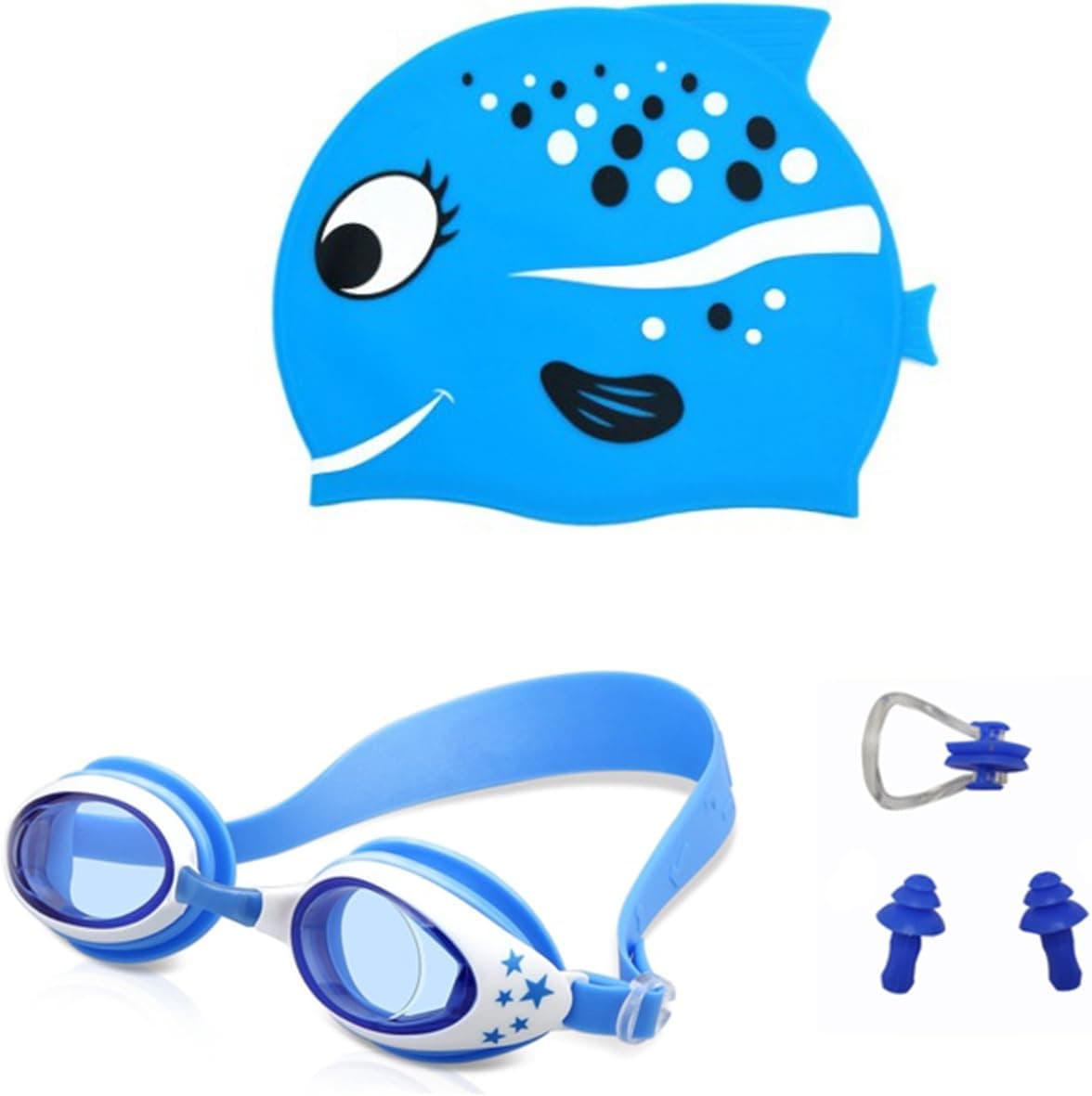 AMEITECH Kids Swim Cap,Cute Design Kids Fun Silicone Swim Caps - Swim Goggles with Nose Clip and Ear Plugs for Boys and Girls - Blue