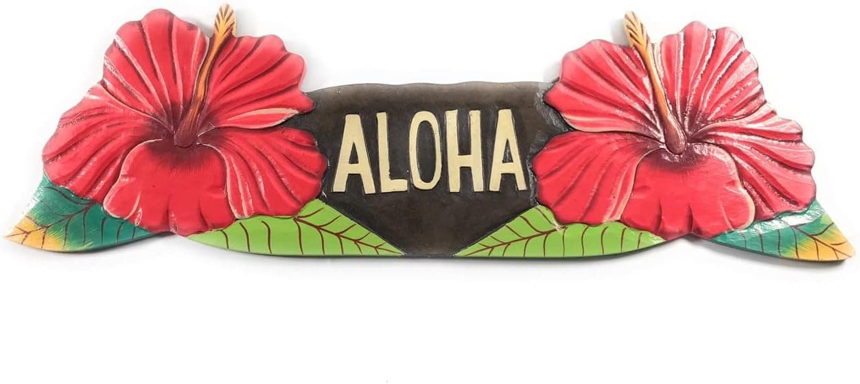 Tikimaster Aloha Sign w/Red Hibiscus Flowers - Hand Painted Hawaii | #ksa9027
